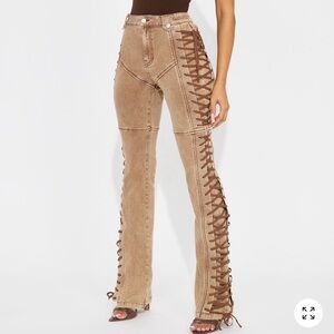 Fashion Nova Tan Lace-Up Flare Pants